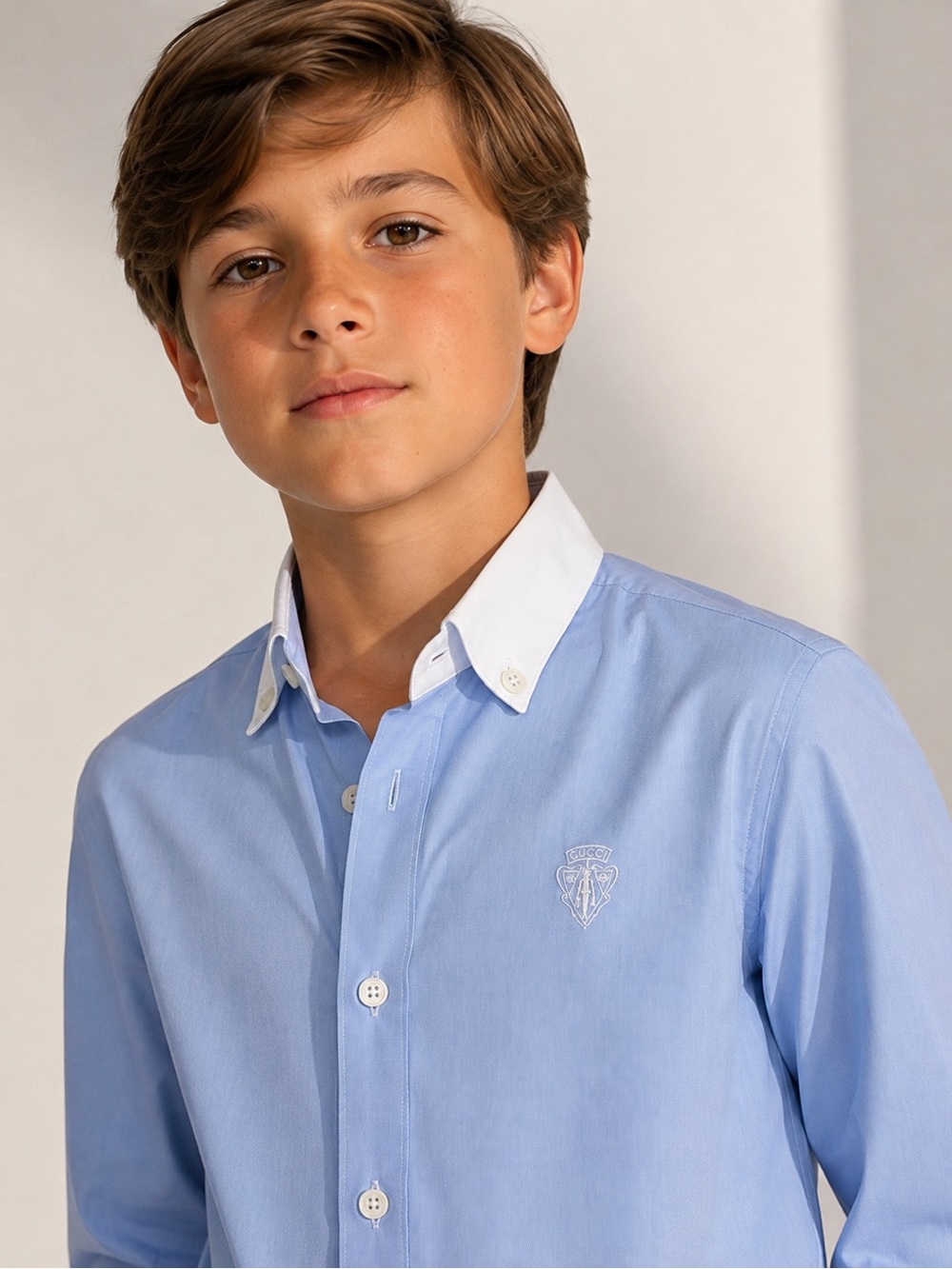 Gucci Kids Blue White Cotton Shirt Size 10 Contrast Collar Made in Italy School